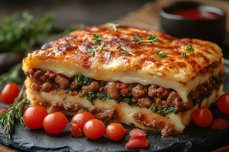 Italian lasagna features layers of pasta, savory meat, and rich cheese, garnished with fresh thyme and surrounded by vibrant cherry tomatoes. perfect for food photography, cooking blogs, or recipe cards. Generative AIの素材