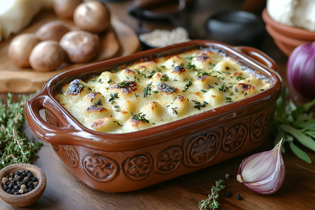 Rustic baked potato gratin with a golden crust, garnished with fresh thyme, in an ornate ceramic dish. surrounded by raw potatoes, garlic, and herbs on a wooden table, creating a warm, homely ambiance ideal for comforting meals. Generative AIの素材