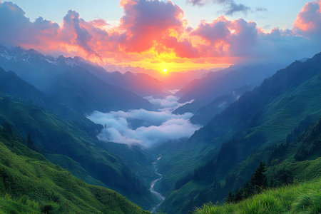 Breathtaking sunrise over a lush, misty valley framed by towering mountain peaks. clouds gently hover above the winding river, creating a serene and awe-inspiring natural scene. Generative AIの素材