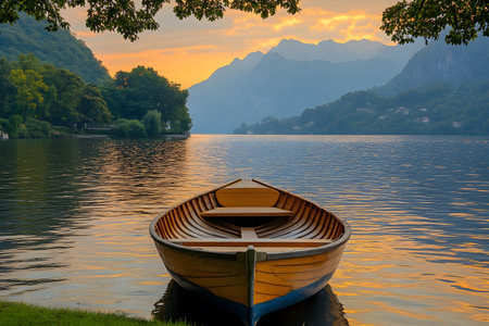 Serene morning landscape featuring a wooden boat gently floating on a calm lake, surrounded by lush greenery and dramatic mountains. the soft glow of the sunrise creates a peaceful and idyllic setting. Generative AIの素材