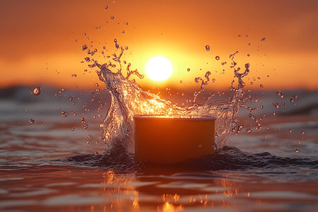 Vibrant splash of water against a mesmerizing sunset backdrop, captured at the ocean. warm hues highlight the golden glow reflecting on the water, evoking serenity and summertime tranquility. Generative AIの素材