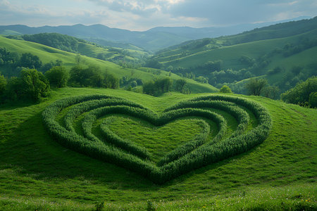Lush green hills surround a heart-shaped hedge in the center of a vibrant landscape. the natural symmetry and verdant colors create a peaceful and inspiring scene, perfect for themes of love, nature, and serenity. Generative AIの素材