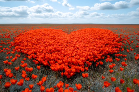 A vibrant heart-shaped formation of red poppies stands out against a lush, expansive meadow under a bright sky. ideal for expressing romance and love in creative projects, cards, and prints. Generative AIの素材