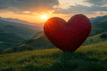 Heart-shaped floral sculpture on a lush green hill against a stunning sunset, nestled in a mountain landscape. warm light bathes the scene, natural beauty and artistic creativity. Generative AIの素材