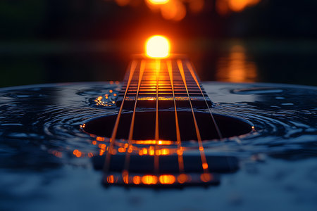 Sunset light reflects off guitar strings, creating a serene and artistic composition. the warm, glowing hues and intricate patterns evoke a sense of tranquility and musical inspiration, blending nature and art seamlessly. Generative AIの素材