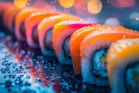 A close-up view of a colorful sushi roll featuring slices of fresh salmon and avocado, laid out on a reflective surface. the image highlights the sushi's detail and texture, with bright, shimmering bokeh lights in the background enhancing the vibrant atmosphere. Generative AIの素材