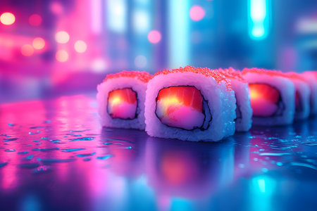 A close-up of sushi rolls set against a vibrant neon nightlife background, showcasing intricate details and vivid colors. the scene combines modern aesthetics with traditional cuisine, making it ideal for contemporary design elements. Generative AIの素材