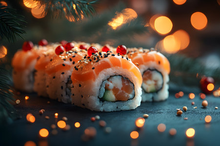 A beautifully arranged sushi roll garnished with salmon and pomegranate seeds, set against a festive backdrop with warm bokeh lights and pine branches, perfect for holiday-themed culinary presentations. Generative AIの素材