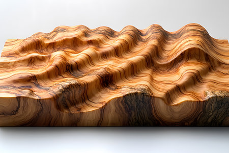 Abstract wooden sculpture displaying undulating, wave-like forms with intricate grain patterns. crafted from natural wood, the piece emphasizes texture and organic design, suitable for modern art exhibits or home decor enhancement. Generative AIの素材