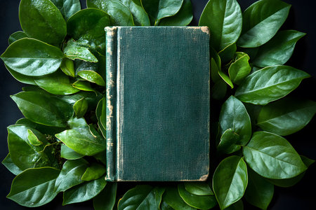 A vintage green book lies nestled among lush green leaves, symbolizing the intersection of nature and literature. the worn texture of the book contrasts with the vibrant foliage, creating a visually striking composition ideal for literary themes. Generative AIの素材