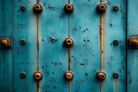 A close-up view of a weathered blue metal door showcasing industrial texture. the rusted bolts and peeling paint add to the rustic charm, perfect for design projects needing an aged or vintage industrial feel. Generative AIの素材