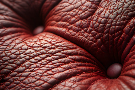 A highly detailed macro view of a textured, red surface resembling either leather or human skin. the intricate pattern highlights the depth and complexity of natural or synthetic materials, showcasing the interplay of shadows and highlights. Generative AIの素材