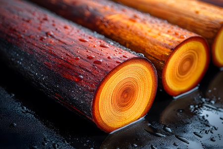 Wet bamboo stalks with visible water droplets laying on a glossy surface, their natural texture and rich reddish-brown hues. the image reflects themes of nature, growth, and organic design. Generative AIの素材