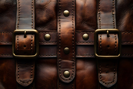 Close-up of a vintage leather bag featuring intricate stitching and brass buckles. the rich texture and warm tones highlight the craftsmanship and timeless style, ideal for fashion design and vintage accessory themed projects. Generative AIの素材
