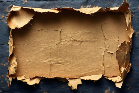 Torn paper texture with aged, rough edges on a weathered surface offers an antique aesthetic ideal for design projects, backgrounds, and artistic compositions needing a vintage touch. Generative AIの素材