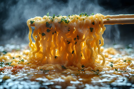 Steaming hot ramen noodles lifted by chopsticks, garnished with fresh herbs, create a mouth-watering image ideal for culinary photography and asian cuisine-focused content. perfect for menus, blogs, and promotional materials. Generative AIの素材