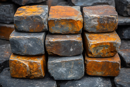 Weathered stone bricks display a unique orange patina, showcasing their rustic charm. ideal for construction, landscaping, and architectural designs, these stones offer both durability and aesthetic appeal. Generative AIの素材