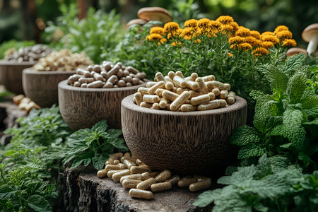 Herbal supplement capsules displayed in wooden bowls, surrounded by fresh mint leaves and vibrant marigold flowers. the natural setting emphasizes holistic health, wellness, and botanical healing, ideal for natural medicine themes. Generative AIの素材