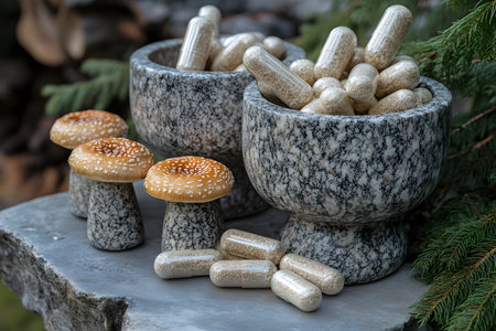 Herbal capsules housed in natural stone bowls alongside decorative mushrooms. the scene blends nature and wellness themes, suggesting organic health remedies. ideal for uses in holistic health promotions or supplement advertising. Generative AIの素材
