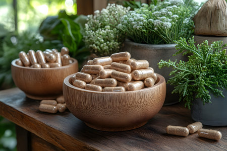 Wooden bowls filled with herbal supplement capsules are surrounded by vibrant greenery and fresh plants. this composition highlights the theme of natural health and wellness, emphasizing organic remedies and herbal supplements. Generative AIの素材