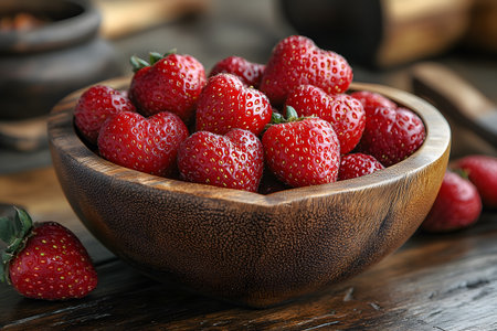 Heart-shaped strawberries artfully arranged in a rustic wooden bowl, their vibrant red color and texture. perfect for concepts of health, romance, and summer freshness in culinary presentations. Generative AIの素材
