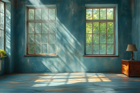 Sunlight streams through large windows into a rustic room with blue walls, casting warm patterns on the wooden floor. a vintage lamp and dresser add charm, while outside greenery enhances the peaceful ambiance. Generative AIの素材