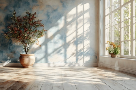A peaceful sunlit corner featuring potted plants, rustic wooden floors, and a large window with delicate shadows cast on a textured blue wall, ideal for home decor and interior design inspiration. Generative AIの素材