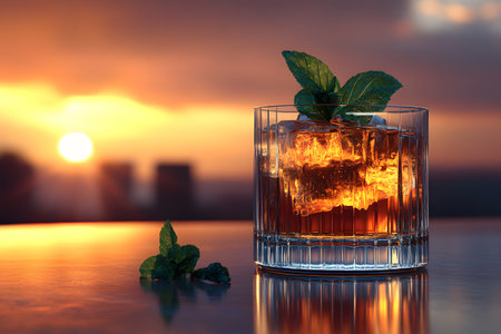 A beautifully lit cocktail featuring large ice cubes and a mint garnish sits on a reflective surface. the warm sunset glow in the background creates a perfect ambiance, enhancing the drink's presentation, ideal for summer party themes. Generative AIの素材