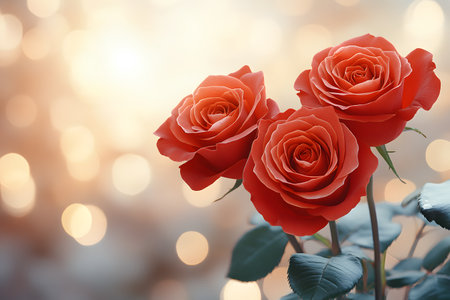 Three vibrant red roses in full bloom contrast against a blurred bokeh backdrop, creating a romantic and elegant atmosphere. ideal for designs celebrating love, passion, or special occasions. Generative AIの素材