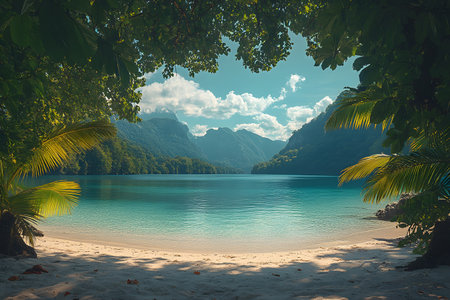 Serene tropical beach scene framed by lush greenery and palm leaves, leading to tranquil turquoise waters and distant mountains under a clear sky. perfect setting for vacation design or travel inspiration. Generative AIの素材