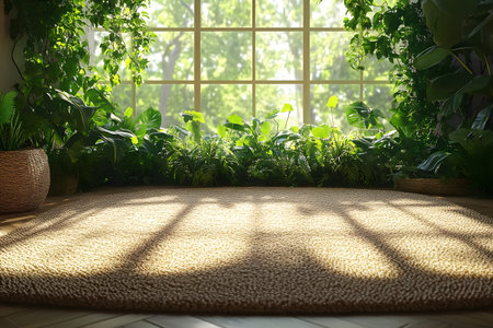 Sunlight streams through large windows, illuminating a tranquil space filled with vibrant indoor plants. a textured woven rug anchors the room, creating a serene setting perfect for relaxation or inspiration. Generative AIの素材