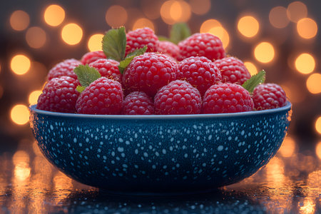 A vibrant bowl filled with juicy raspberries, adorned with fresh green leaves, set against a warm bokeh backdrop. perfect for holiday decor, culinary themes, and festive stock photography. Generative AIの素材