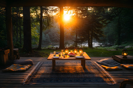 An enchanting outdoor dining setup on a wooden deck surrounded by lush forest. soft lantern light complements the warm sunset glow, creating a serene and inviting atmosphere. ideal for relaxation and nature-themed inspiration. Generative AIの素材