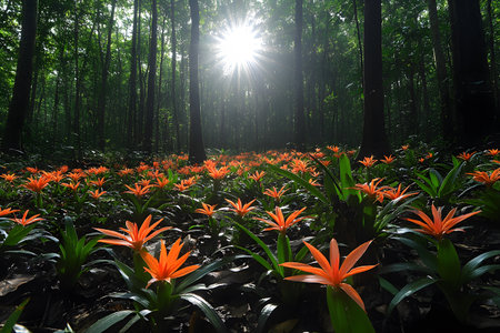 Sunlight streams through the dense forest canopy, illuminating a captivating display of vibrant orange flowers spreading across the forest floor. the scene embodies the tranquility and beauty of nature in perfect harmony. Generative AIの素材