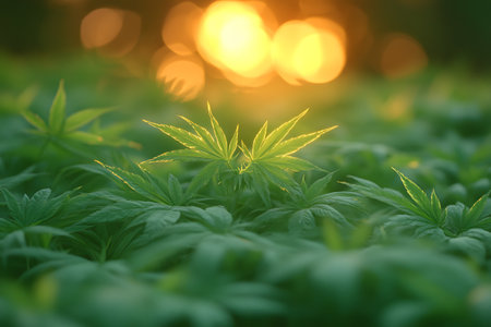 Lush green foliage under the tranquil glow of a setting sun, creating a serene and vibrant atmosphere. the interplay of light and shadow highlights the intricate leaf patterns, embodying nature's peaceful elegance. Generative AIの素材