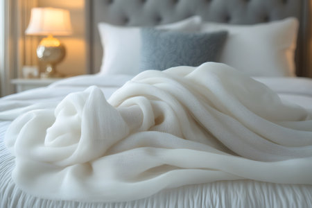 Cozy bedroom scene featuring a plush white bed topped with an elegantly draped soft blanket. a stylish lamp and a decorative pillow add warmth and sophistication to the serene ambiance. Generative AIの素材