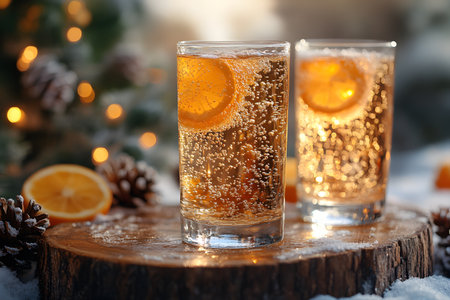 A refreshing carbonated drink with orange slices sits on snow-covered wood, illuminated by warm holiday lights and surrounded by pinecones, creating a festive winter atmosphere perfect for seasonal celebrations. Generative AIの素材