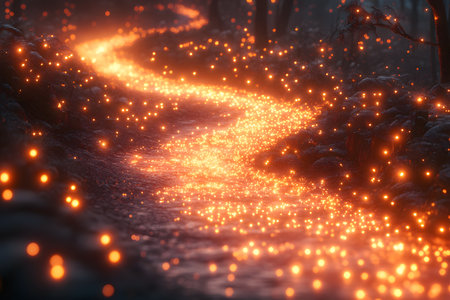 Mystical forest scene with countless glowing fireflies lighting up a winding path. the gentle, warm glow creates an enchanting and serene atmosphere, evoking a sense of wonder and tranquility. Generative AIの素材