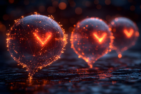 Futuristic digital communication concept featuring three glowing, abstract bubbles with intricate wireframe designs. vibrant neon hues and intricate geometric patterns evoke a sense of technological advancement. Generative AIの素材
