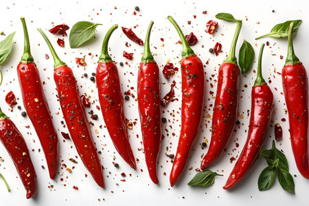 Fresh red chili peppers are artfully arranged on a white background, surrounded by basil leaves and sprinkled with crushed spices. this vibrant composition is ideal for culinary themes, adding zest and color to food-related designs. Generative AIの素材
