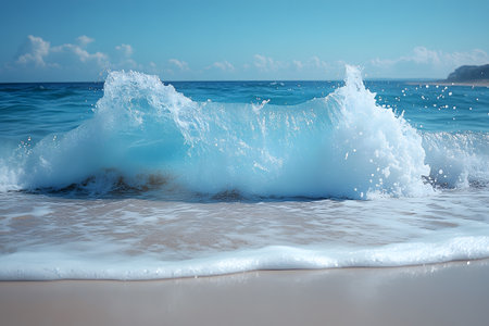 Vibrant blue ocean wave crashing on a sandy beach under a clear sky. the scene exudes tranquility and power, capturing the essence of the sea with its dynamic movement and vibrant colors. ideal for coastal-themed design and travel inspiration. Generative AIの素材