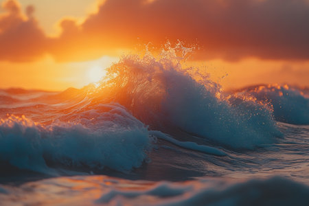 Stunning sunset over the ocean, showcasing dramatic waves catching the golden light. vibrant colors of orange and blue contrast beautifully, creating a captivating and serene seascape ideal for nature-themed designs. Generative AIの素材