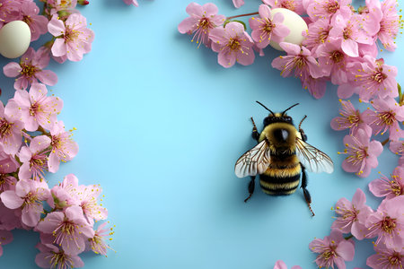 Bumblebee rests among vibrant cherry blossom flowers on a bright blue background, symbolizing renewal and the beauty of spring. perfect for nature-themed designs or seasonal projects. Generative AIの素材