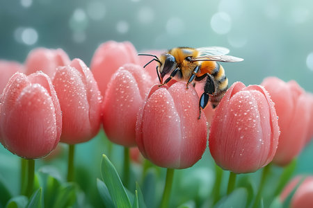 A vibrant close-up of a bee perched on dew-covered pink tulips. the scene embodies the essence of spring, the relationship between pollinators and blooming flowers, ideal for nature-themed designs. Generative AIの素材