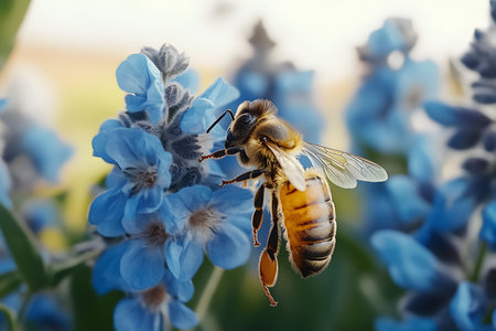 Close-up of a honeybee collecting nectar from vibrant blue flowers, the intricate details of the bee and petals. a vivid depiction of pollination, showcasing the essential role of bees in nature. Generative AIの素材
