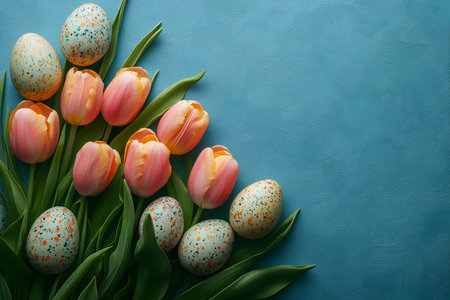 Speckled eggs and vibrant pink tulips artfully arranged on a textured blue surface create a harmonious easter-themed composition. the image highlights the freshness of spring with its colorful and vibrant elements. Generative AIの素材