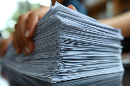 Stacks of papers organized in a business office symbolize productivity and efficiency. essential for corporate work, they represent administrative diligence and structured management in a busy setting. Generative AIの素材
