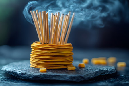 A creative composition showcasing a stack of incense sticks with a smoke trail beside coiled noodles on a dark slate surface. the blend of textures and smoke evokes a calm, meditative ambiance, perfect for zen-themed design. Generative AIの素材