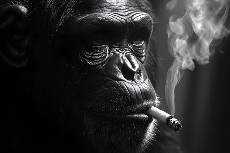 Black and white image of a chimpanzee smoking, emphasizes texture and mood. highlights the contemplative expression and dense smoke in the air, enhancing the artistic and dramatic tone. Generative AIの素材