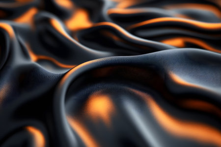 Elegant waves of black satin meet warm orange highlights, creating a luxurious textile background. perfect for design projects, evoking sophistication and style through contrasting colors and smooth textures. Generative AIの素材